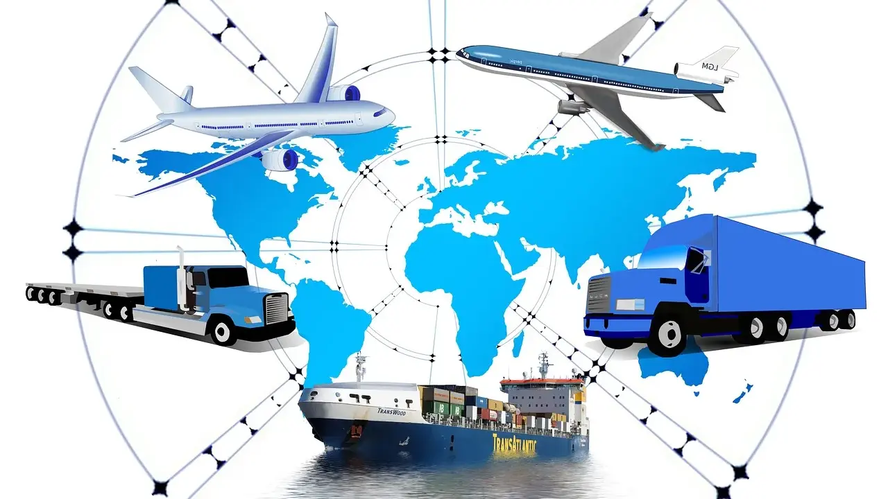 Globalne funkcje dystrybucji: samoloty, statki i ciężarówki transportują towary po całym świecie, symbolizując logistykę.