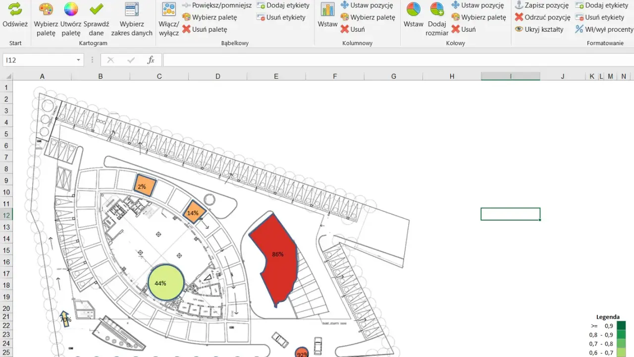 Wykres w arkuszu Excel z planem architektonicznym i naniesionymi danymi procentowymi.