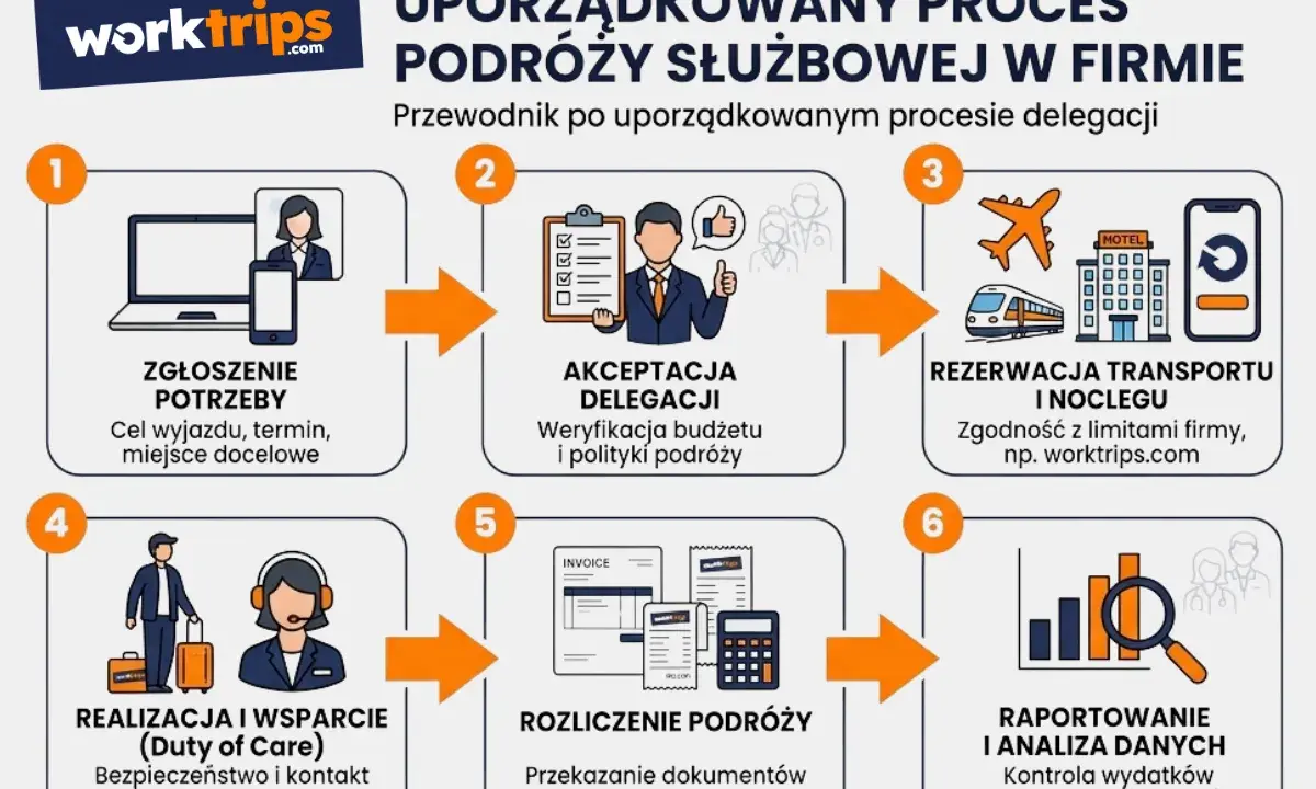 Schemat uporządkowanego procesu delegacji: zgłoszenie potrzeby, akceptacja, rezerwacja, realizacja, rozliczenie i raportowanie.
