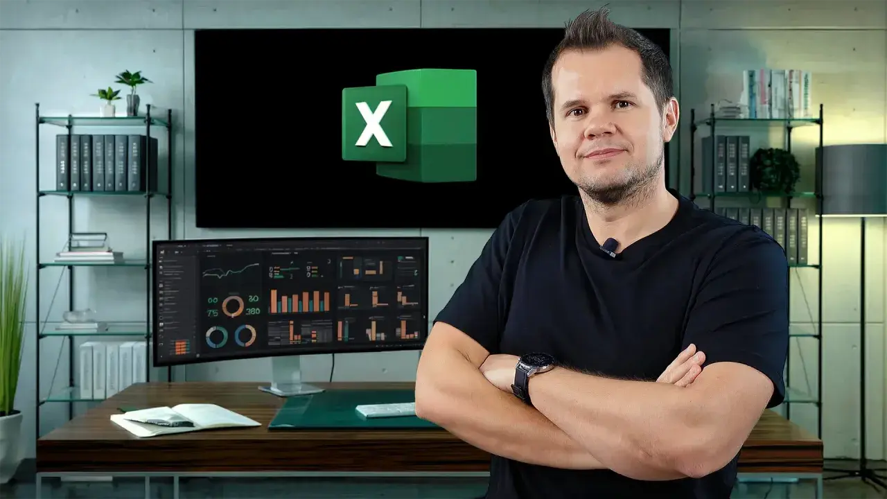 Mężczyzna z ramionami skrzyżowanymi na piersi, logo Excel na ekranie. Idealne miejsce na **excel samouczek**.