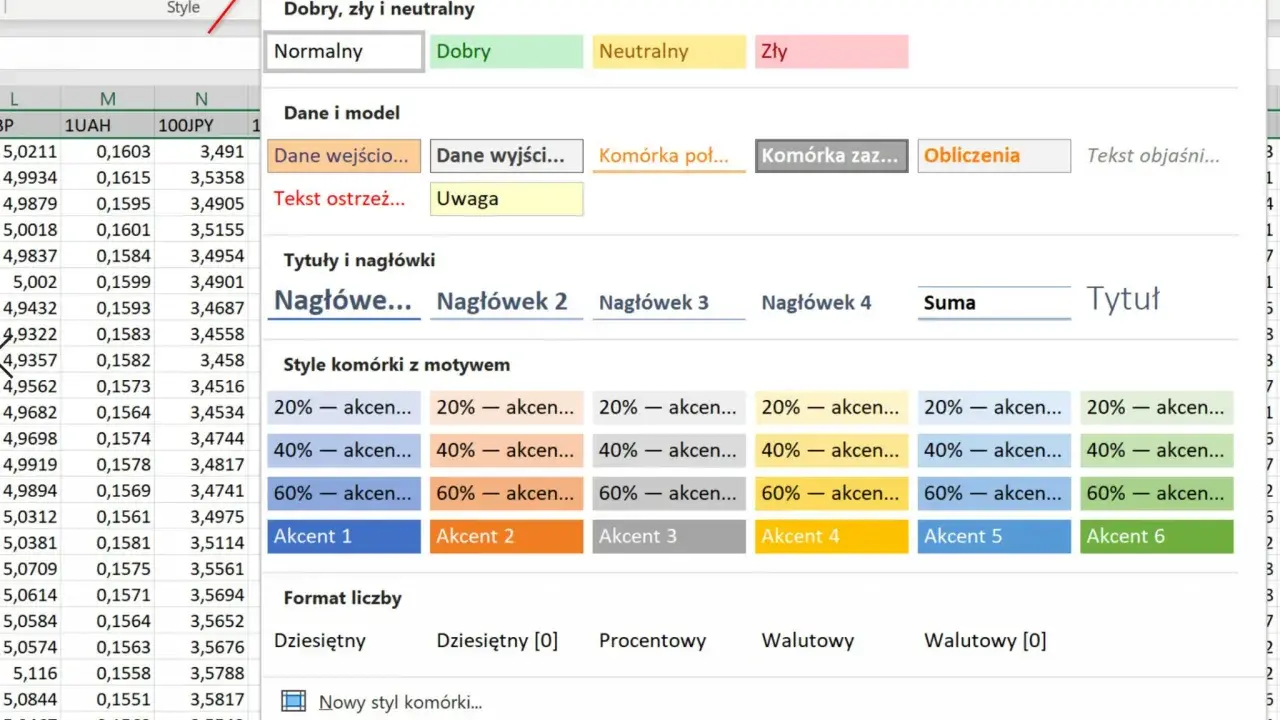 Excel: zliczanie komórek z tekstem. Widok stylów komórek, nagłówków i formatów liczb.
