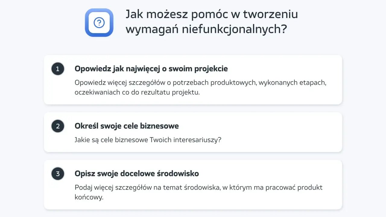 Jak tworzyć wymagania niefunkcjonalne? Opisz projekt, cele biznesowe i docelowe środowisko.