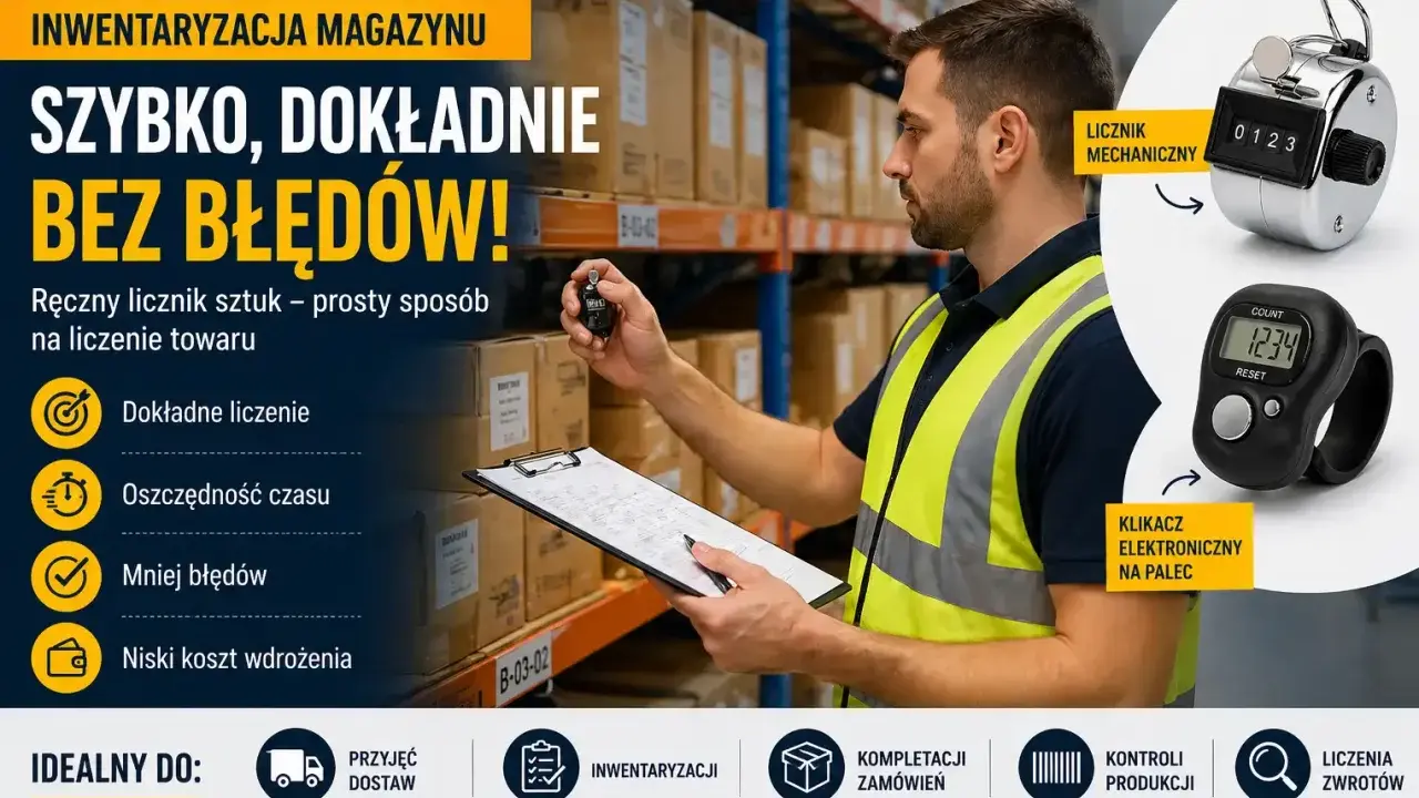 Pracownik magazynu z licznikiem ręcznym i elektronicznym usprawnia inwentaryzację magazynu. Szybko, dokładnie, bez błędów.