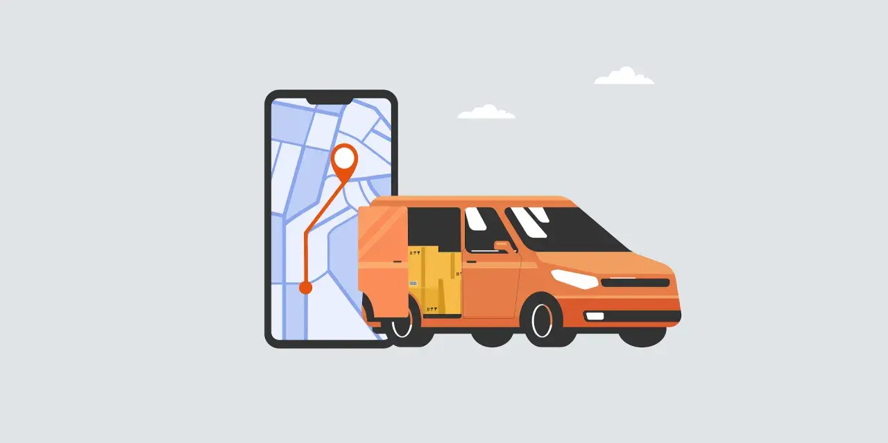 Pomarańczowa furgonetka z paczkami obok smartfona z mapą i trasą. To wizualizacja nowoczesnego systemu telematycznego w logistyce.