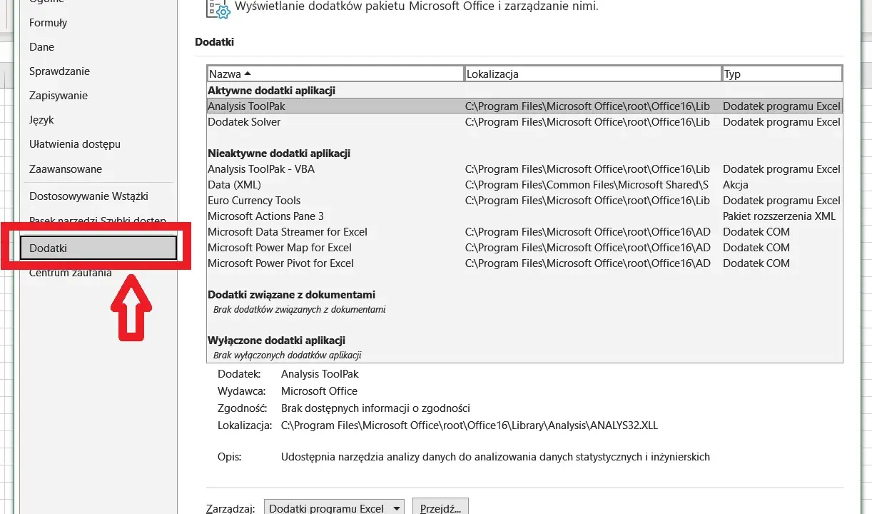 Wybór "Dodatki" w Excelu. Widzimy listę aktywnych i nieaktywnych dodatków, w tym "Analysis ToolPak", który służy do analityka co to.