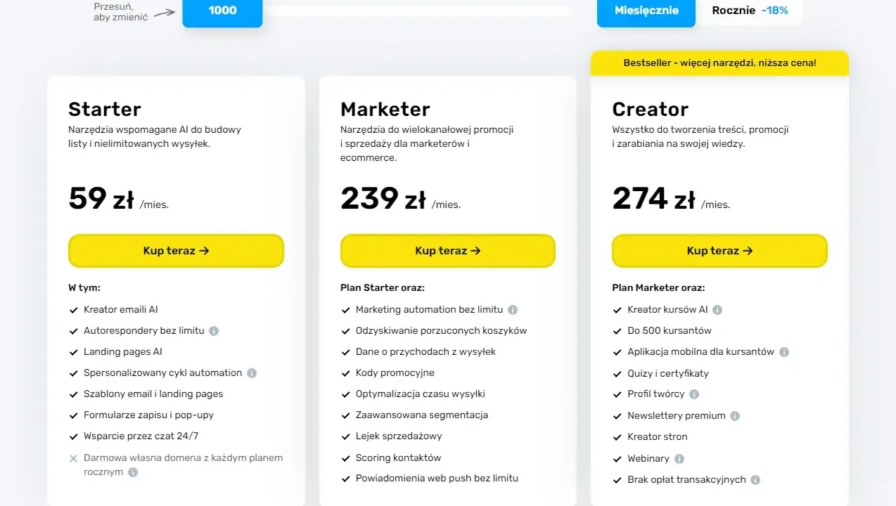 Porównanie planów GetResponse: Starter, Marketer, Creator. Wybierz narzędzia AI do email marketingu, automatyzacji i sprzedaży.
