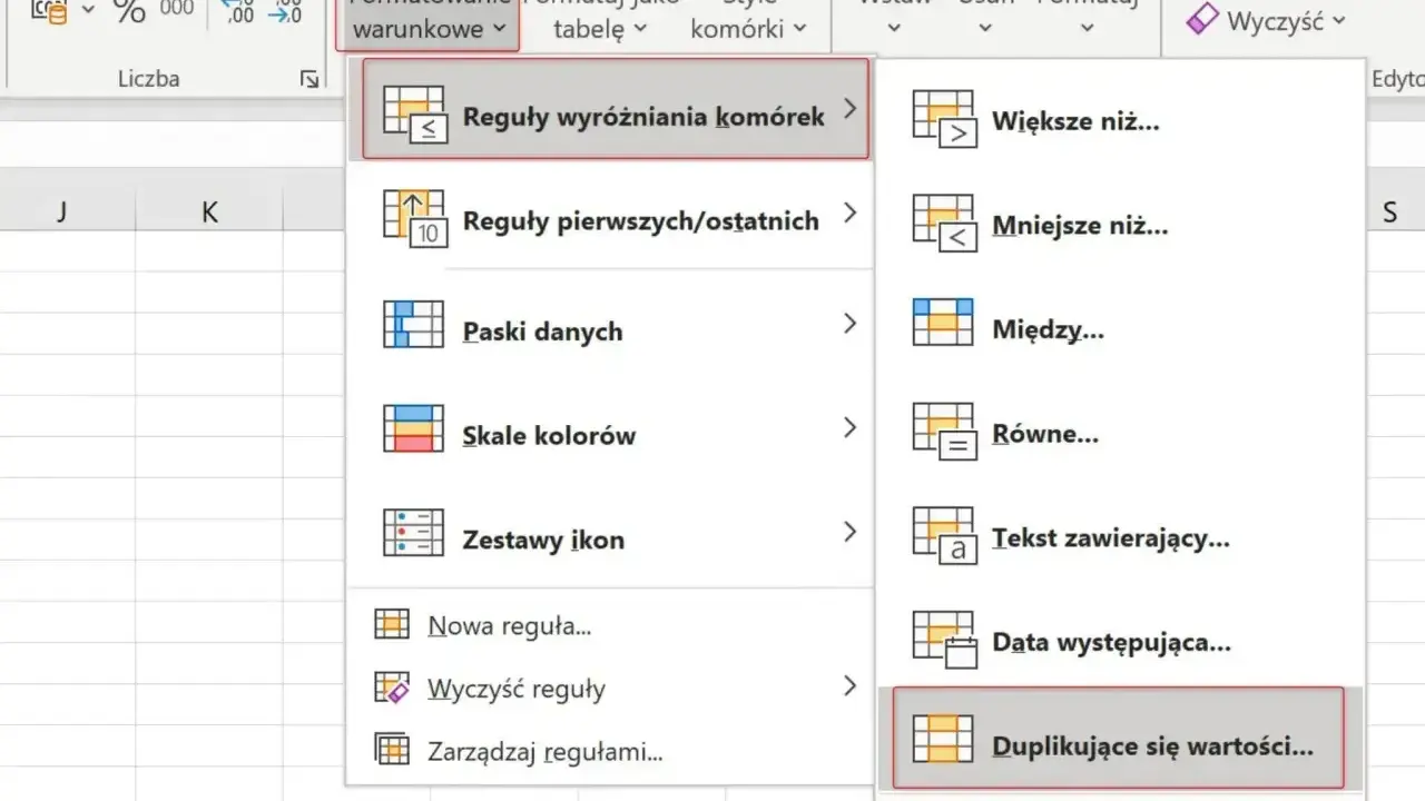 Wybierz "Duplikujące się wartości..." w menu "Formatowanie warunkowe", aby dowiedzieć się, jak usunąć powtarzające się wiersze w Excelu.