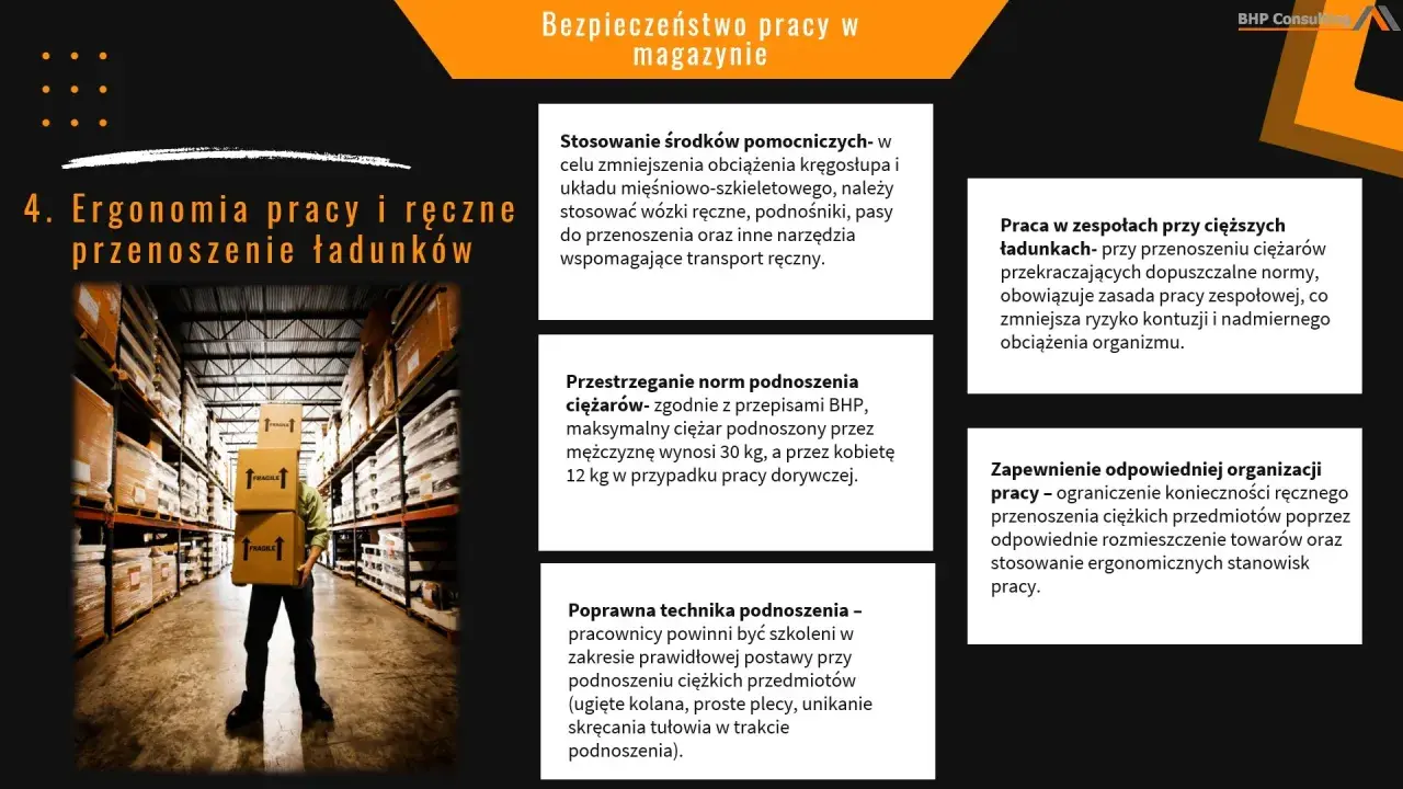Instrukcja magazynowania i składowania materiałów: ergonomia pracy, techniki podnoszenia, praca zespołowa i organizacja stanowiska.