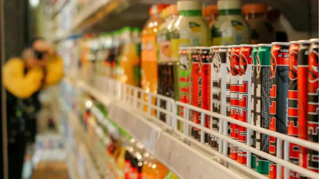 Rząd puszek z napojami energetycznymi na półce sklepowej, część branży FMCG.