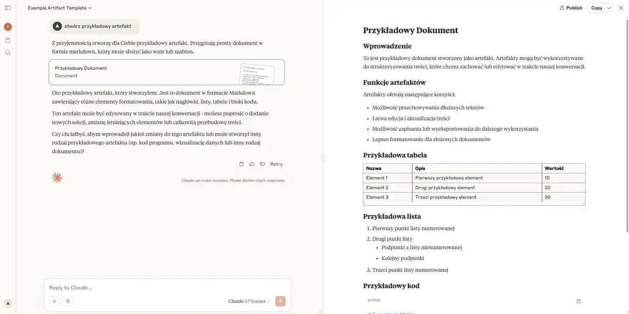 Przykładowy artefakt w formie dokumentu Markdown, zawierający nagłówki, listy, tabelę i kod. Oto przykłady jego użycia.