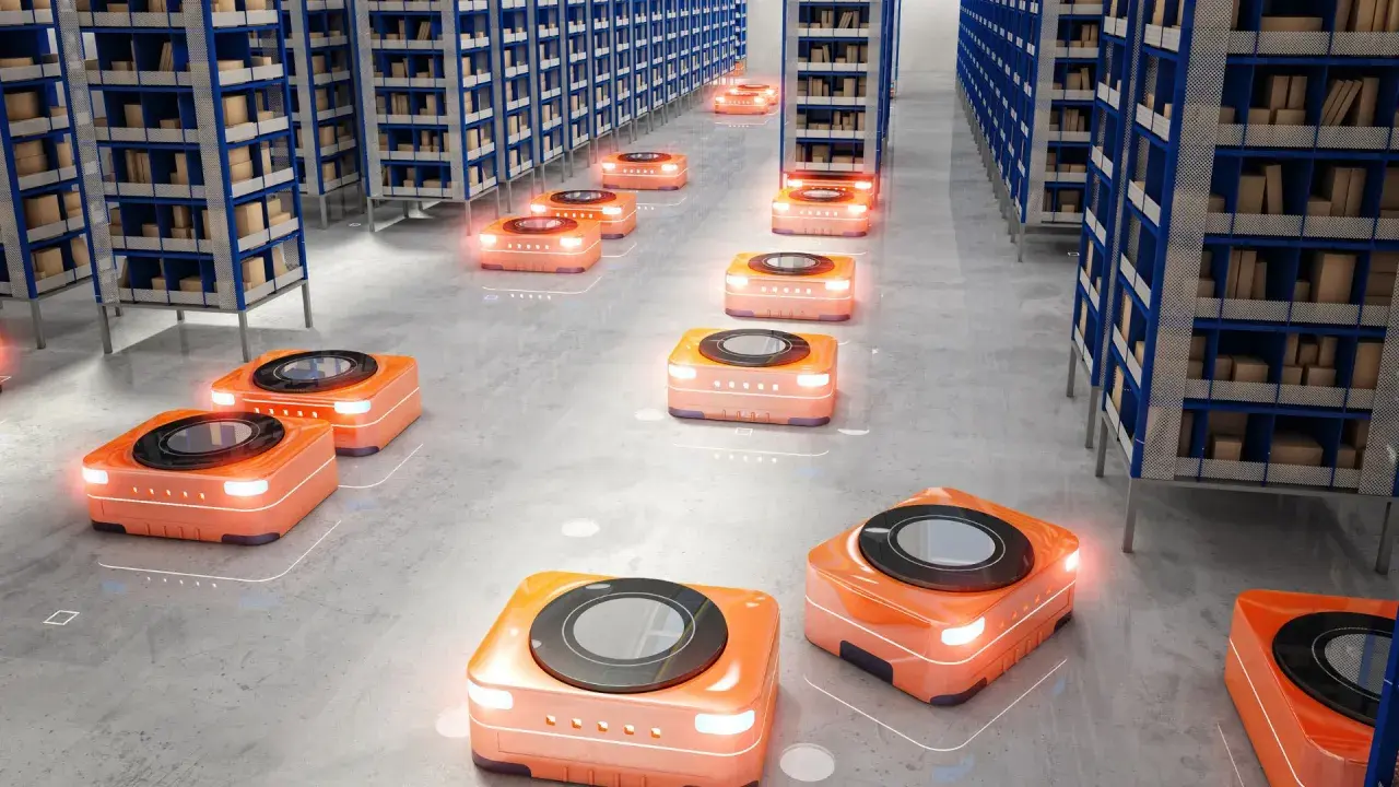 Pomarańczowe roboty autonomiczne poruszają się między rzędami regałów w nowoczesnych magazynach, usprawniając logistykę.