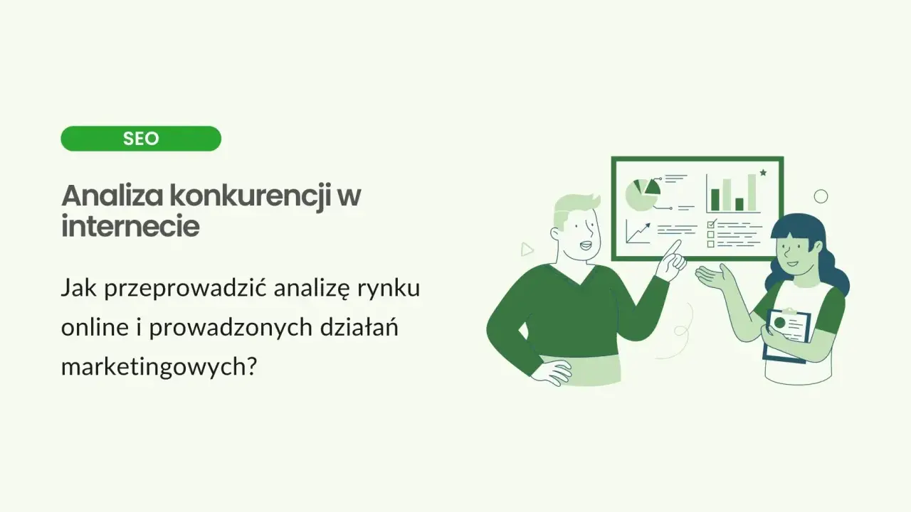 Ilustracja przedstawia analizę konkurencji w internecie. Dwie osoby omawiają wykresy i dane, planując działania marketingowe.
