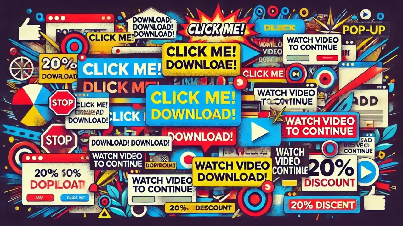Mnóstwo przycisków "CLICK ME!", "DOWNLOAD!", "WATCH VIDEO TO CONTINUE" i "20% DISCOUNT" tworzy chaos, jak w pop-up.