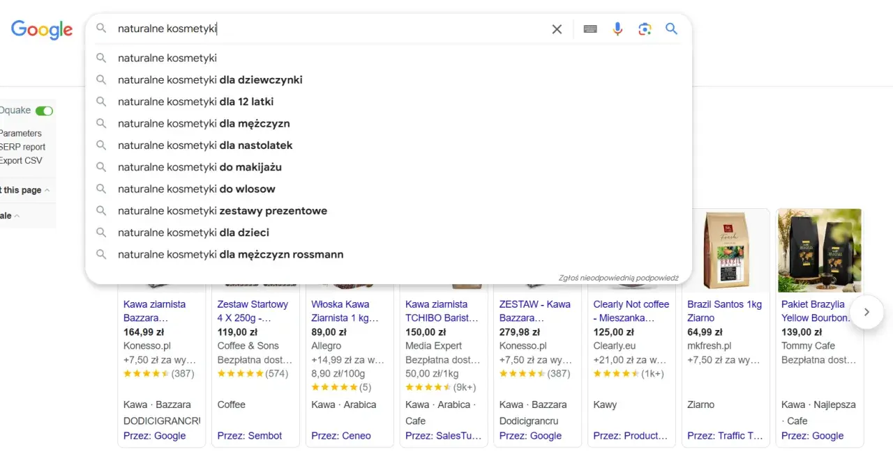 Wyszukiwarka Google podpowiada frazy związane z "naturalne kosmetyki", np. dla dzieci, nastolatek, do makijażu.
