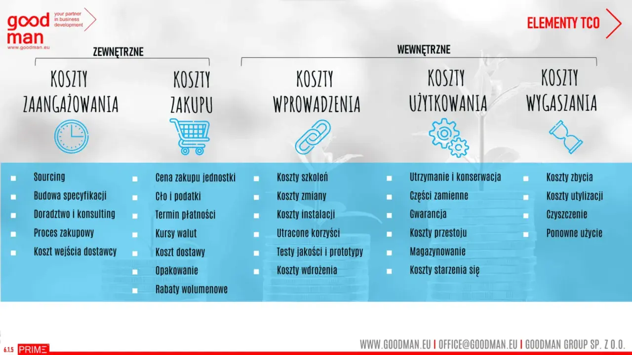 Diagram przedstawia elementy TCO (total cost) podzielone na koszty zewnętrzne i wewnętrzne, obejmujące zaangażowanie, zakup, wprowadzenie, użytkowanie i wygaszanie.