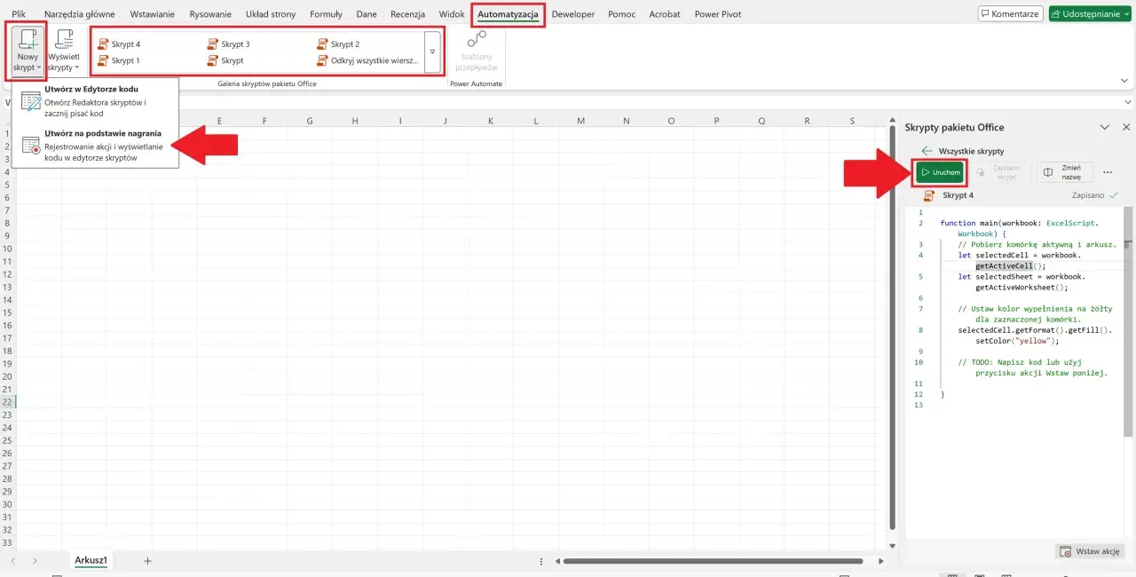 Excel: funkcja "jeżeli komórka zawiera tekst to wartość" jest realizowana przez skrypty. Uruchom skrypt, by zmienić kolor komórki.