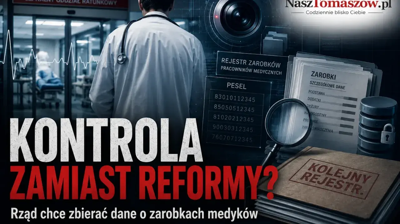 Lekarz w białym kitlu, dane o zarobkach medyków, PESEL, lupa i pieczęć "Kolejny rejestr". To kontrola, nie reforma.