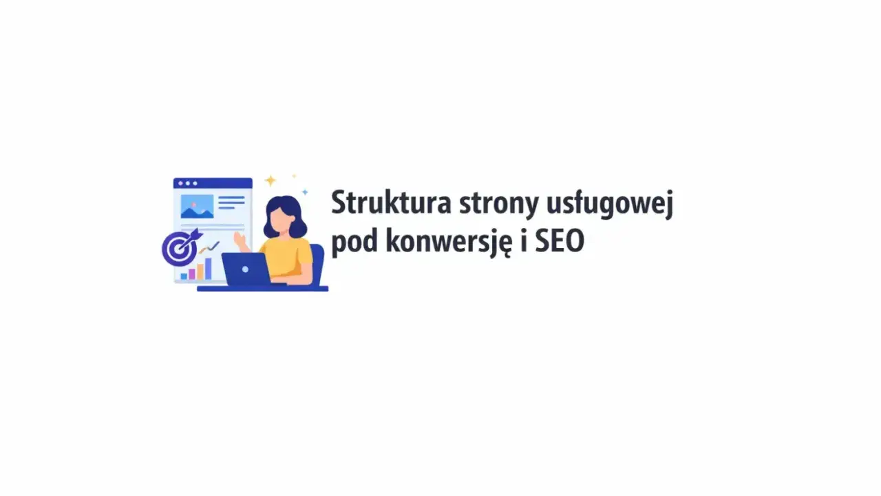 Grafika przedstawia kobietę pracującą przy laptopie, obok wykresy i cel. Tytuł: "Struktura strony usługowej pod konwersję i SEO". Kluczowe dla **prawa UX**.