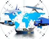 Globalne funkcje dystrybucji: samoloty, statki i ciężarówki transportują towary po całym świecie, symbolizując logistykę.