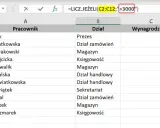 Tabela z danymi pracowników i ich wynagrodzeń. Formuła =LICZ.JEŻELI(C2:C12;">3000") zlicza osoby z pensją powyżej 3000.