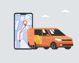 Pomarańczowa furgonetka z paczkami obok smartfona z mapą i trasą. To wizualizacja nowoczesnego systemu telematycznego w logistyce.