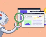Robot z logo Google analizuje stronę internetową. Uważaj na dyrektywy noindex, nofollow, by uniknąć problemów z indeksowaniem.