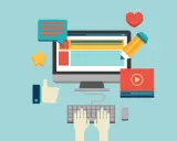 Grafika przedstawia komputer z klawiaturą, myszką, ikonami social media i sercem. To idealne narzędzia dla działu marketingu.