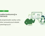 Ilustracja przedstawia analizę konkurencji w internecie. Dwie osoby omawiają wykresy i dane, planując działania marketingowe.