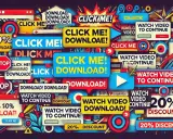 Mnóstwo przycisków "CLICK ME!", "DOWNLOAD!", "WATCH VIDEO TO CONTINUE" i "20% DISCOUNT" tworzy chaos, jak w pop-up.