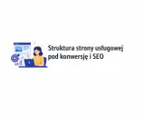 Grafika przedstawia kobietę pracującą przy laptopie, obok wykresy i cel. Tytuł: "Struktura strony usługowej pod konwersję i SEO". Kluczowe dla **prawa UX**.