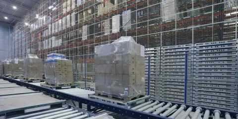 Przenośniki magazynowe transportują palety z towarami w nowoczesnym magazynie. Wysokie regały wypełnione są produktami.