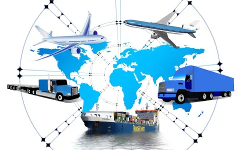 Globalne funkcje dystrybucji: samoloty, statki i ciężarówki transportują towary po całym świecie, symbolizując logistykę.