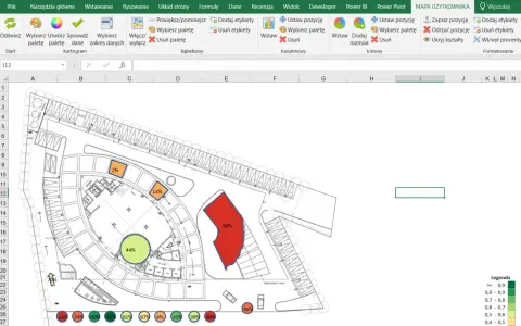 Wykres w arkuszu Excel z planem architektonicznym i naniesionymi danymi procentowymi.