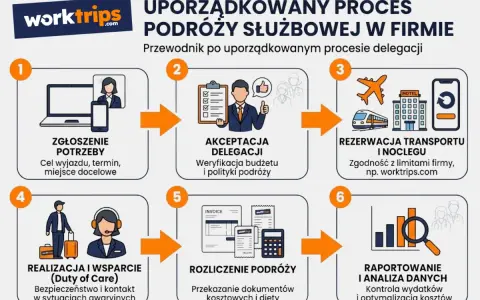 Schemat uporządkowanego procesu delegacji: zgłoszenie potrzeby, akceptacja, rezerwacja, realizacja, rozliczenie i raportowanie.