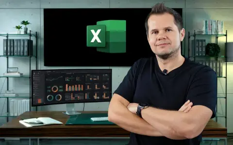 Mężczyzna z ramionami skrzyżowanymi na piersi, logo Excel na ekranie. Idealne miejsce na **excel samouczek**.