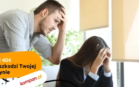 Dwóch sfrustrowanych ludzi w biurze, tekst "Błąd 404. Jak szkodzi Twojej witrynie".