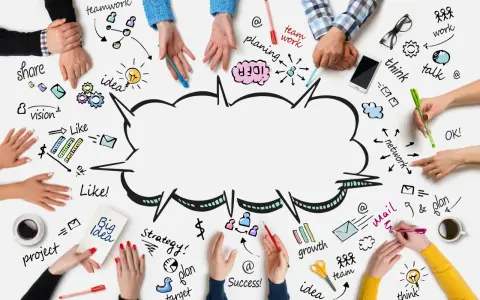 Burza mysli: zespół ludzi tworzy mapę myśli z hasłami "teamwork", "idea", "vision", "plan", "strategy", "growth", "success", "think", "talk", "network", "share", "project", "team".