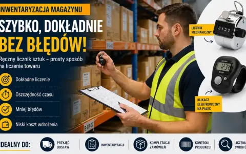 Pracownik magazynu z licznikiem ręcznym i elektronicznym usprawnia inwentaryzację magazynu. Szybko, dokładnie, bez błędów.