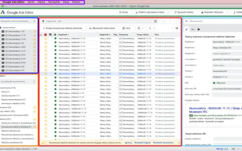 Edytor Google Ads pokazuje listę rozszerzonych reklam tekstowych z nagłówkami i stanem. Można tu edytować reklamy akumulatorów.