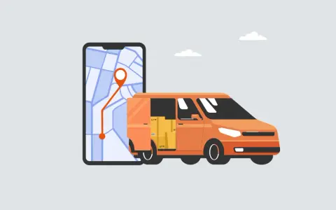 Pomarańczowa furgonetka z paczkami obok smartfona z mapą i trasą. To wizualizacja nowoczesnego systemu telematycznego w logistyce.
