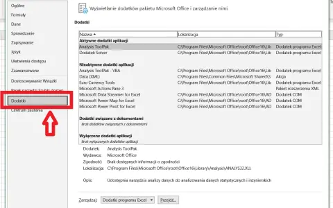 Wybór "Dodatki" w Excelu. Widzimy listę aktywnych i nieaktywnych dodatków, w tym "Analysis ToolPak", który służy do analityka co to.