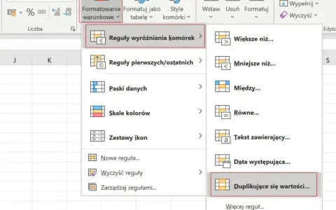 Wybierz "Duplikujące się wartości..." w menu "Formatowanie warunkowe", aby dowiedzieć się, jak usunąć powtarzające się wiersze w Excelu.