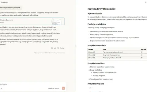 Przykładowy artefakt w formie dokumentu Markdown, zawierający nagłówki, listy, tabelę i kod. Oto przykłady jego użycia.