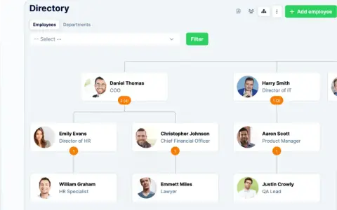 Schemat organizacyjny firmy. Na szczycie znajduje się head of, Daniel Thomas (COO), poniżej jego podwładni.