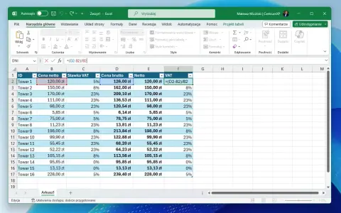 Excel pokazuje, jak obliczyć popyt, prezentując ceny netto, brutto i VAT dla różnych towarów. Formuła w komórce F2 pokazuje, jak to zrobić.