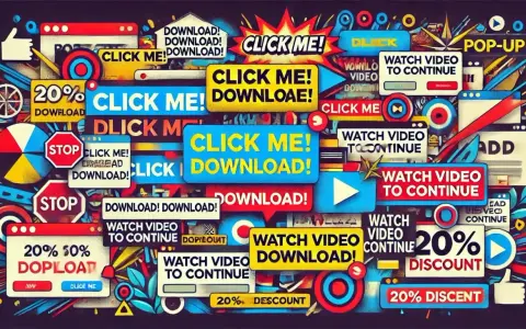 Mnóstwo przycisków "CLICK ME!", "DOWNLOAD!", "WATCH VIDEO TO CONTINUE" i "20% DISCOUNT" tworzy chaos, jak w pop-up.