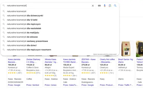 Wyszukiwarka Google podpowiada frazy związane z "naturalne kosmetyki", np. dla dzieci, nastolatek, do makijażu.