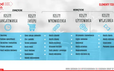 Diagram przedstawia elementy TCO (total cost) podzielone na koszty zewnętrzne i wewnętrzne, obejmujące zaangażowanie, zakup, wprowadzenie, użytkowanie i wygaszanie.