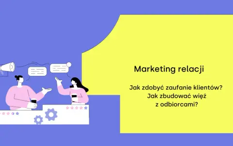 Dwie osoby rozmawiają, budując relacje. Grafika ilustruje marketing relacji, pokazując jak zdobyć zaufanie i więź z odbiorcami.