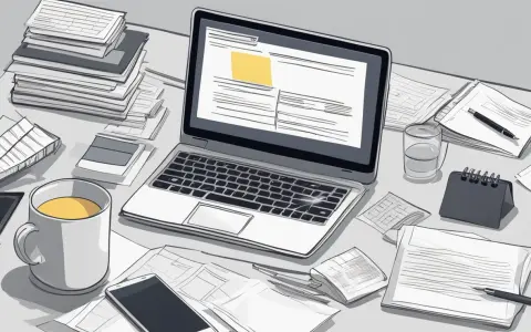 Biurko z laptopem, stosem dokumentów i kubkiem kawy. W tle widać przygotowania do niszczenia danych, stos papierów czeka na utylizację.